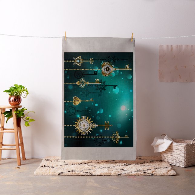 Antique Skeleton Keys on Green Background Fabric (In Situ)