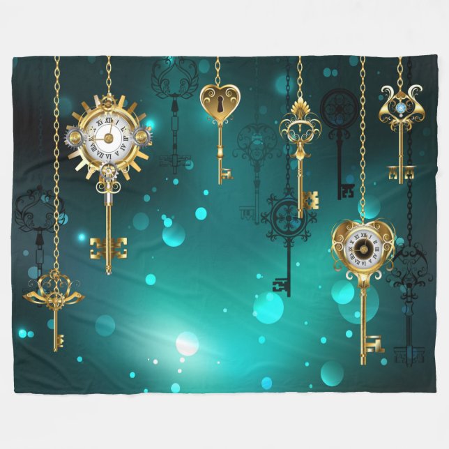 Antique Skeleton Keys on Green Background Fleece Blanket (Front (Horizontal))