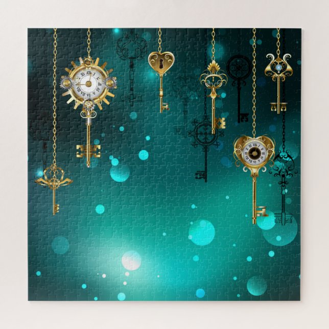 Antique Skeleton Keys on Green Background Jigsaw Puzzle (Horizontal)