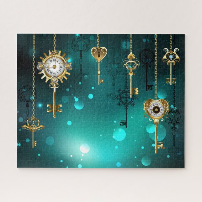 Antique Skeleton Keys on Green Background Jigsaw Puzzle (Horizontal)