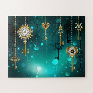 Antique Skeleton Keys on Green Background Jigsaw Puzzle
