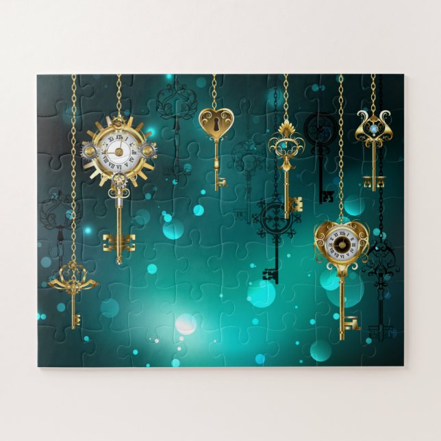 Antique Skeleton Keys on Green Background Jigsaw Puzzle (Horizontal)