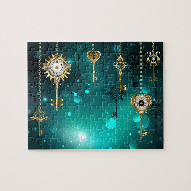 Antique Skeleton Keys on Green Background Jigsaw Puzzle (Horizontal)