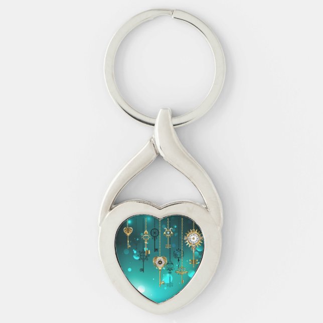 Antique Skeleton Keys on Green Background Key Ring (Front)