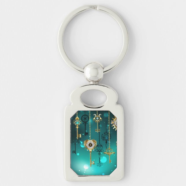 Antique Skeleton Keys on Green Background Key Ring (Front)