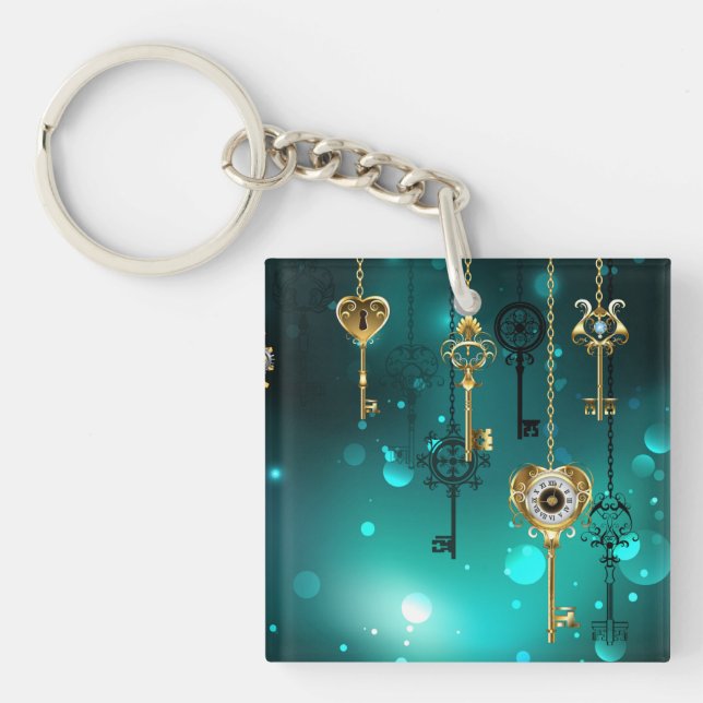 Antique Skeleton Keys on Green Background Key Ring (Front)