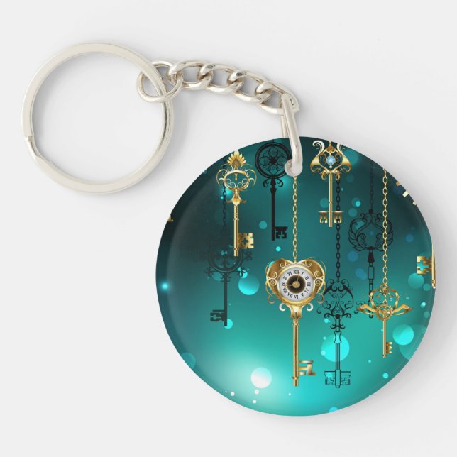 Antique Skeleton Keys on Green Background Key Ring (Front)