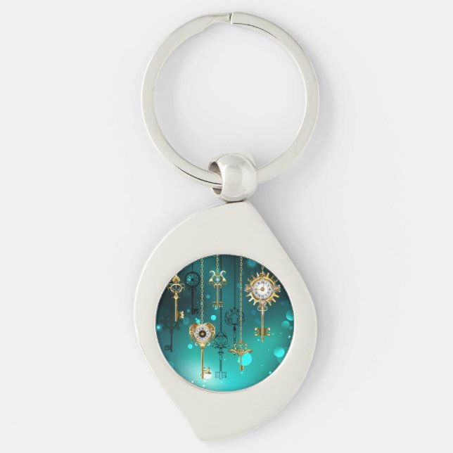 Antique Skeleton Keys on Green Background Key Ring (Front)