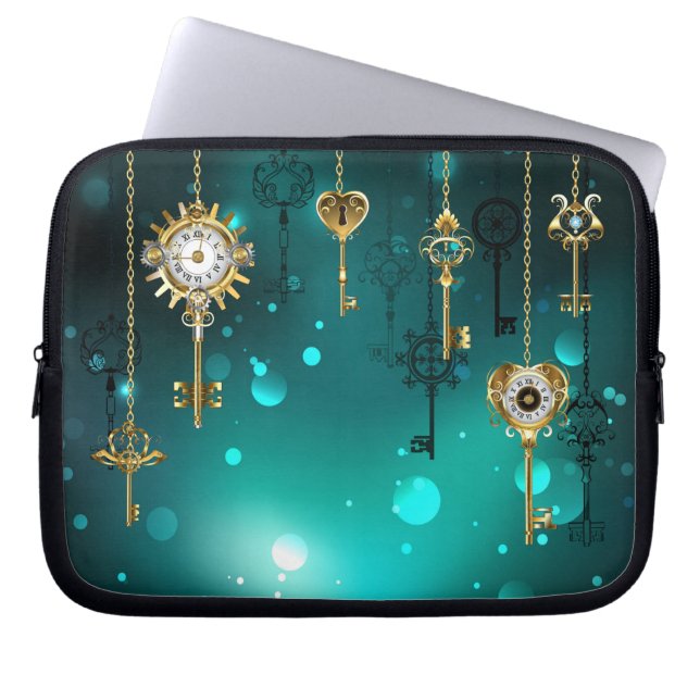Antique Skeleton Keys on Green Background Laptop Sleeve (Front)