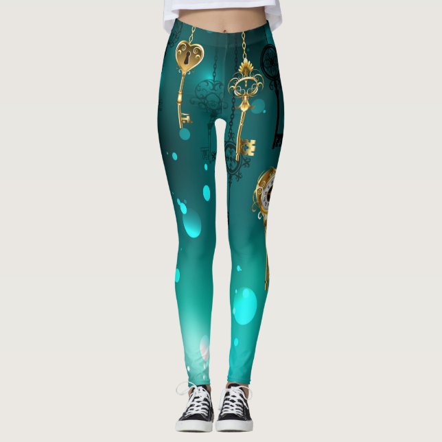 Antique Skeleton Keys on Green Background Leggings (Front)