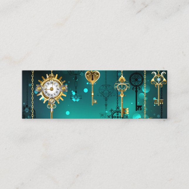 Antique Skeleton Keys on Green Background Mini Business Card (Front)
