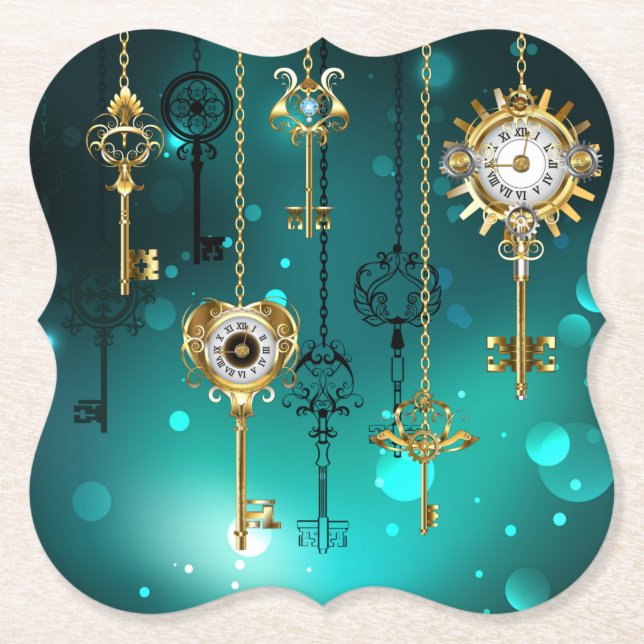 Antique Skeleton Keys on Green Background Paper Coaster (Front)