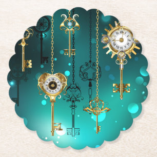 Antique Skeleton Keys on Green Background Paper Coaster