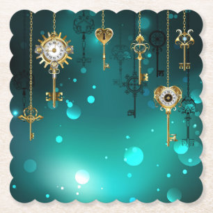 Antique Skeleton Keys on Green Background Paper Coaster