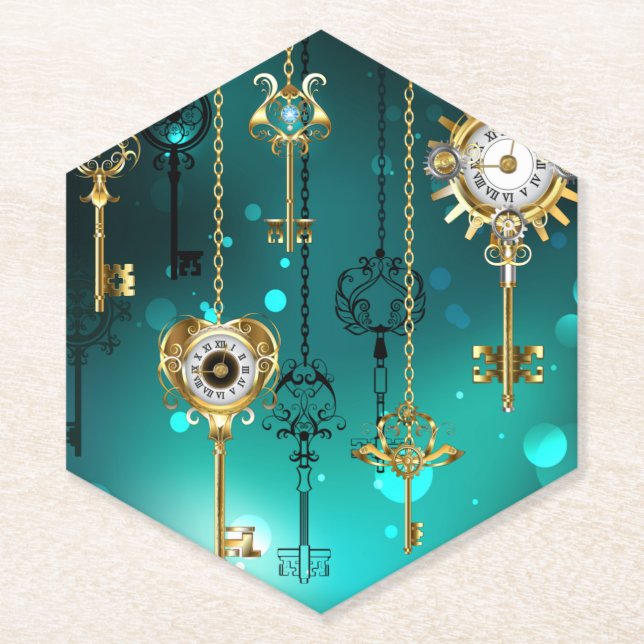 Antique Skeleton Keys on Green Background Paper Coaster (Front)