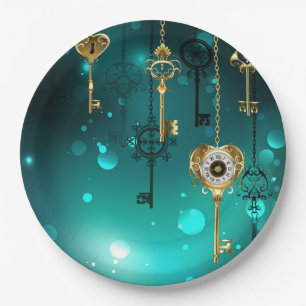 Antique Skeleton Keys on Green Background Paper Plate