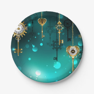 Antique Skeleton Keys on Green Background Paper Plate