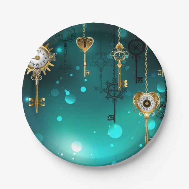 Antique Skeleton Keys on Green Background Paper Plate (Front)
