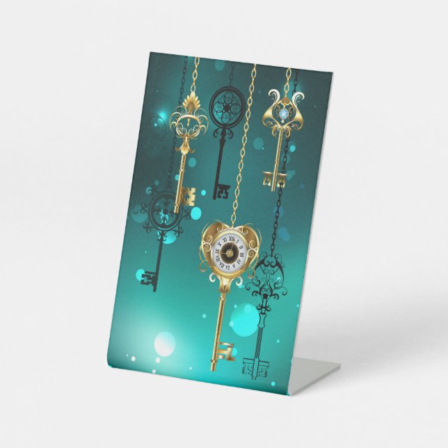 Antique Skeleton Keys on Green Background Pedestal Sign (Front)