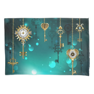 Antique Skeleton Keys on Green Background Pillowcase
