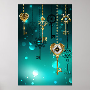Antique Skeleton Keys on Green Background Poster
