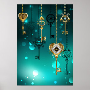 Antique Skeleton Keys on Green Background Poster
