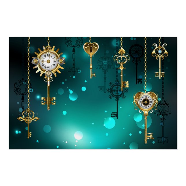 Antique Skeleton Keys on Green Background Poster (Front)