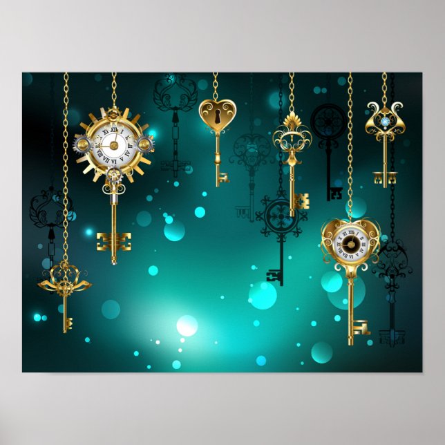 Antique Skeleton Keys on Green Background Poster (Front)