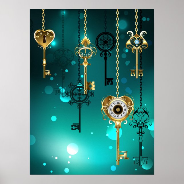 Antique Skeleton Keys on Green Background Poster (Front)