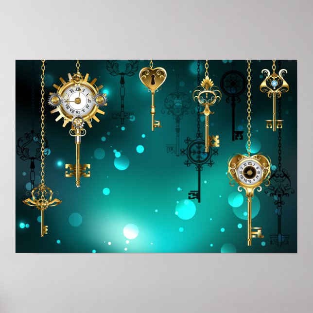 Antique Skeleton Keys on Green Background Poster (Front)