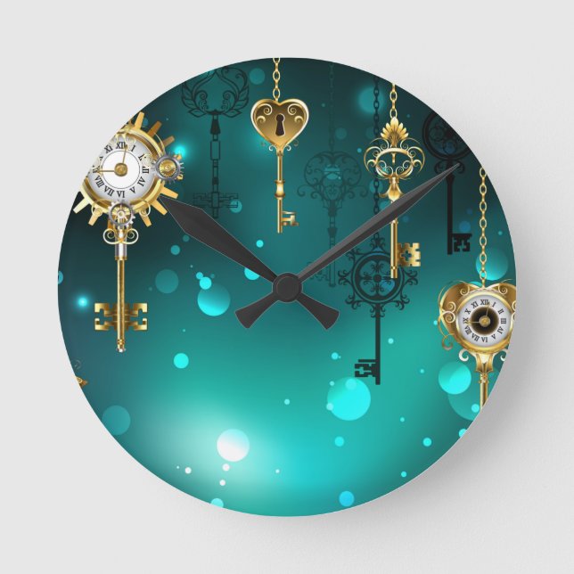 Antique Skeleton Keys on Green Background Round Clock (Front)