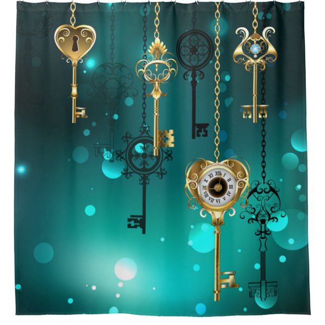 Antique Skeleton Keys on Green Background Shower Curtain (Front)