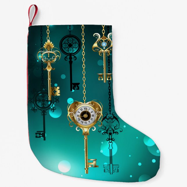 Antique Skeleton Keys on Green Background Small Christmas Stocking (Front)