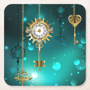 Antique Skeleton Keys on Green Background Square Paper Coaster