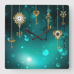 Antique Skeleton Keys on Green Background Square Wall Clock