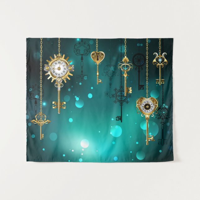 Antique Skeleton Keys on Green Background Tapestry (Front (Horizontal))