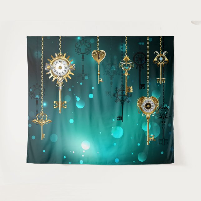 Antique Skeleton Keys on Green Background Tapestry (Front (Horizontal))