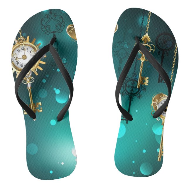 Antique Skeleton Keys on Green Background Thongs (Footbed)
