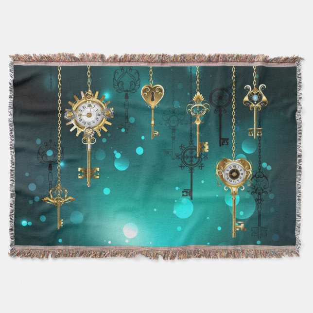 Antique Skeleton Keys on Green Background Throw Blanket (Front)