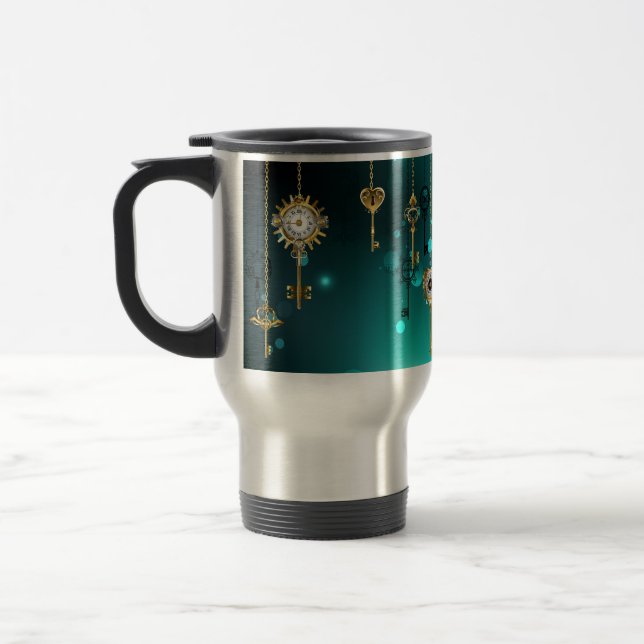 Antique Skeleton Keys on Green Background Travel Mug (Left)