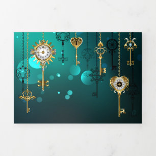 Antique Skeleton Keys on Green Background Tri-Fold Announcement