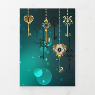Antique Skeleton Keys on Green Background Tri-Fold Announcement
