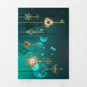 Antique Skeleton Keys on Green Background Tri-Fold Holiday Card