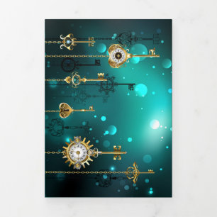 Antique Skeleton Keys on Green Background Tri-Fold Invitation