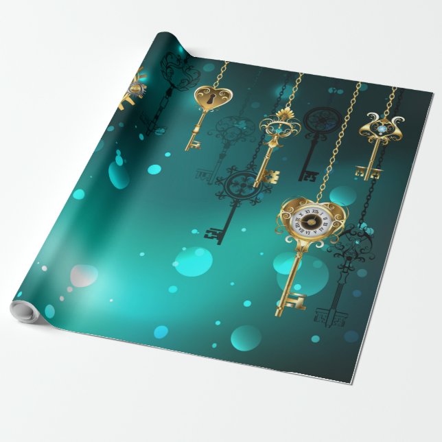 Antique Skeleton Keys on Green Background Wrapping Paper (Unrolled)