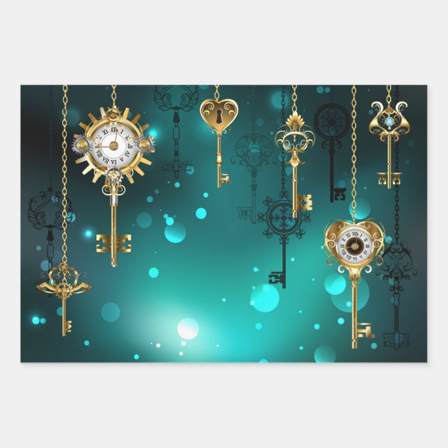 Antique Skeleton Keys on Green Background Wrapping Paper Sheet (Front)