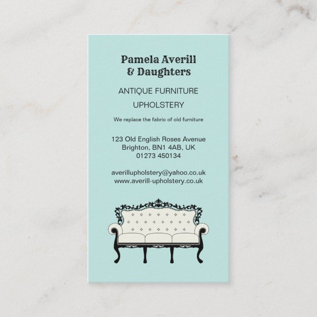 Antique Sofa, Vintage Upholstery Business Card (Front)