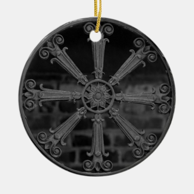 Antique Southern Wrought Iron Window Guard  B/W Ceramic Ornament (Front)