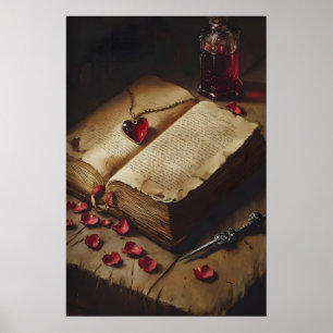 Antique Spell Book with Heart Pendant, Romantic Poster