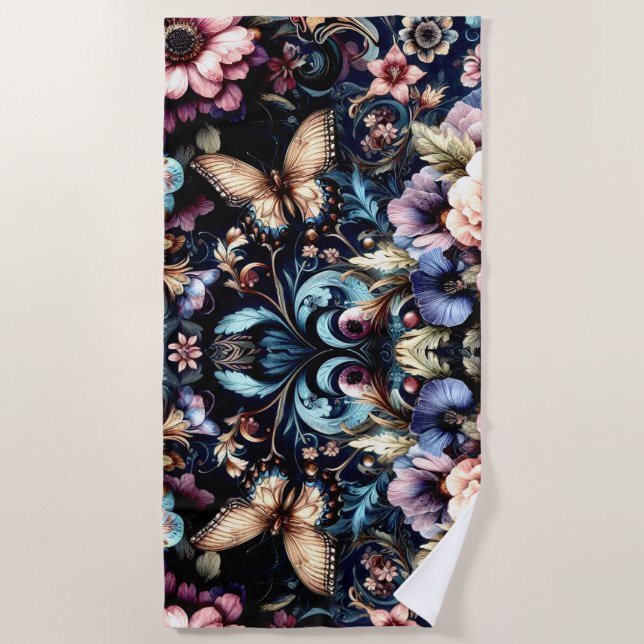 Antique Spring Flowers and Butterflies  Beach Towel (Front)
